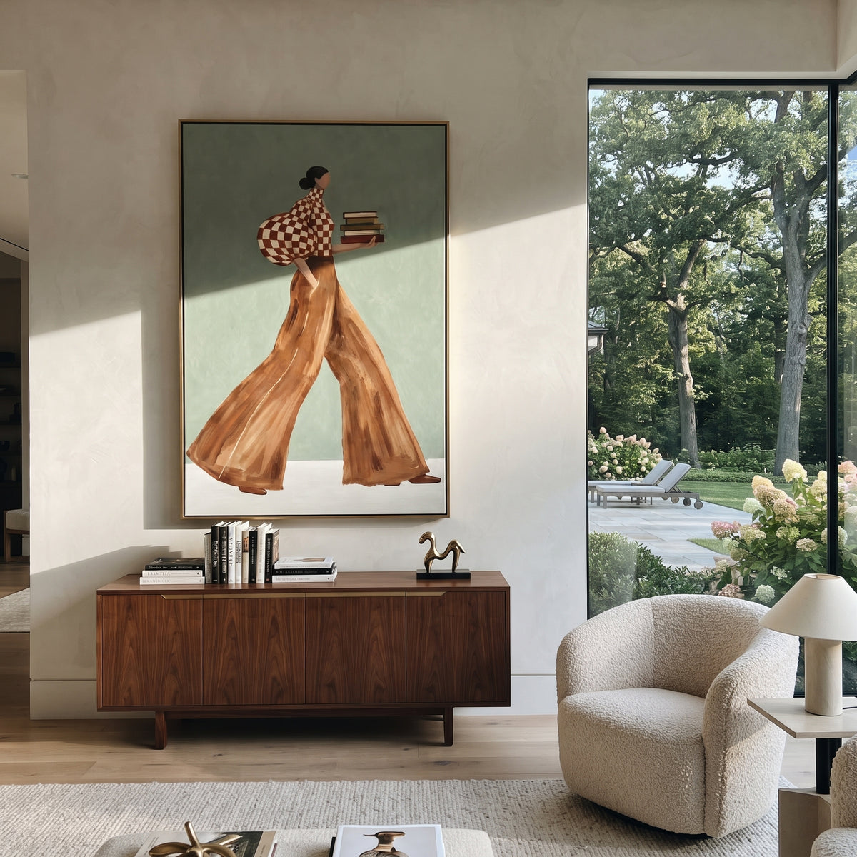 Red Check Books Walk focuses on the specific fashion figure shown in the artwork: walking woman in red check puff sleeve and brown trousers carrying stacked books. The image is built around elongated trousers, a compact upper-body pose, sculptural sleeve volume, small accessory detail, and a quiet studio background. The brown, red, green palette keeps the mood refined while the raised texture and visible brushwork make the surface feel handmade rather than printed. This made-to-order canvas