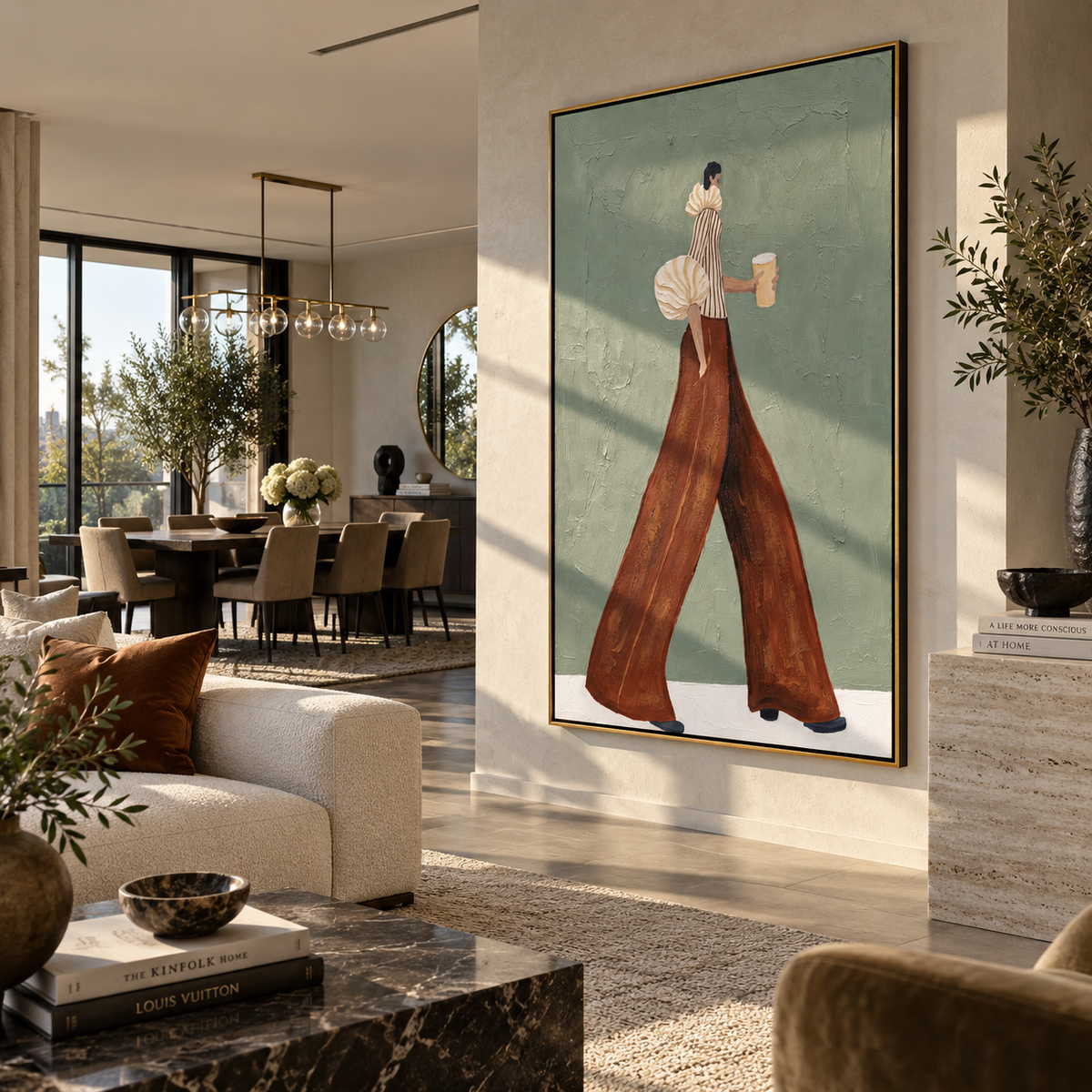 Cream Sleeve Coffee Minimal Walk focuses on the specific fashion figure shown in the artwork: minimal walking woman with cream puff sleeve, rust trousers, and pale coffee cup. The image is built around elongated trousers, a compact upper-body pose, sculptural sleeve volume, small accessory detail, and a quiet studio background. The brown, beige, green palette keeps the mood refined while the raised texture and visible brushwork make the surface feel handmade rather than printed. This