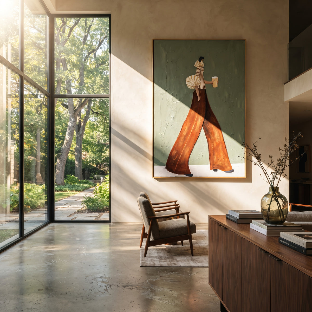Cream Sleeve Coffee Minimal Walk focuses on the specific fashion figure shown in the artwork: minimal walking woman with cream puff sleeve, rust trousers, and pale coffee cup. The image is built around elongated trousers, a compact upper-body pose, sculptural sleeve volume, small accessory detail, and a quiet studio background. The brown, beige, green palette keeps the mood refined while the raised texture and visible brushwork make the surface feel handmade rather than printed. This