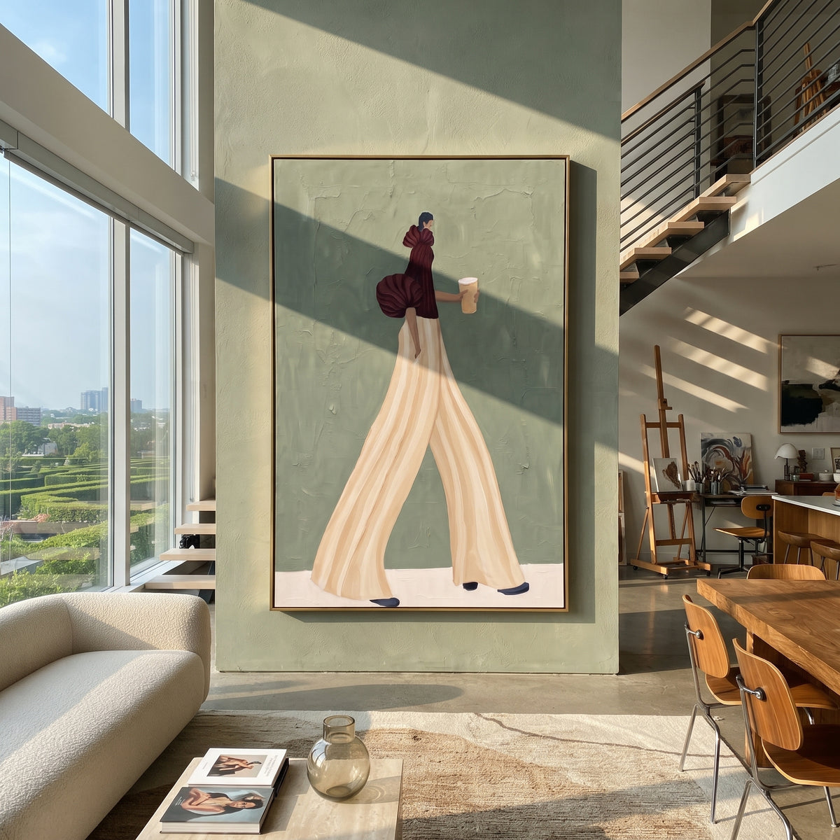Burgundy Blouse Cream Pants Walk focuses on the specific fashion figure shown in the artwork: walking woman in burgundy blouse, cream flowing trousers, and coffee cup. The image is built around elongated trousers, a compact upper-body pose, sculptural sleeve volume, small accessory detail, and a quiet studio background. The beige, purple, green palette keeps the mood refined while the raised texture and visible brushwork make the surface feel handmade rather than printed. This made-to-order