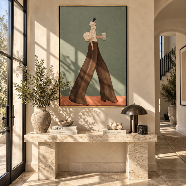 "Cream Sleeve Brown Pants Coffee" - Modern Heavy Impasto Abstract Artwork | Brown & Beige Palette Knife Painting | Luxury Vertical Wall Art #PT 2581