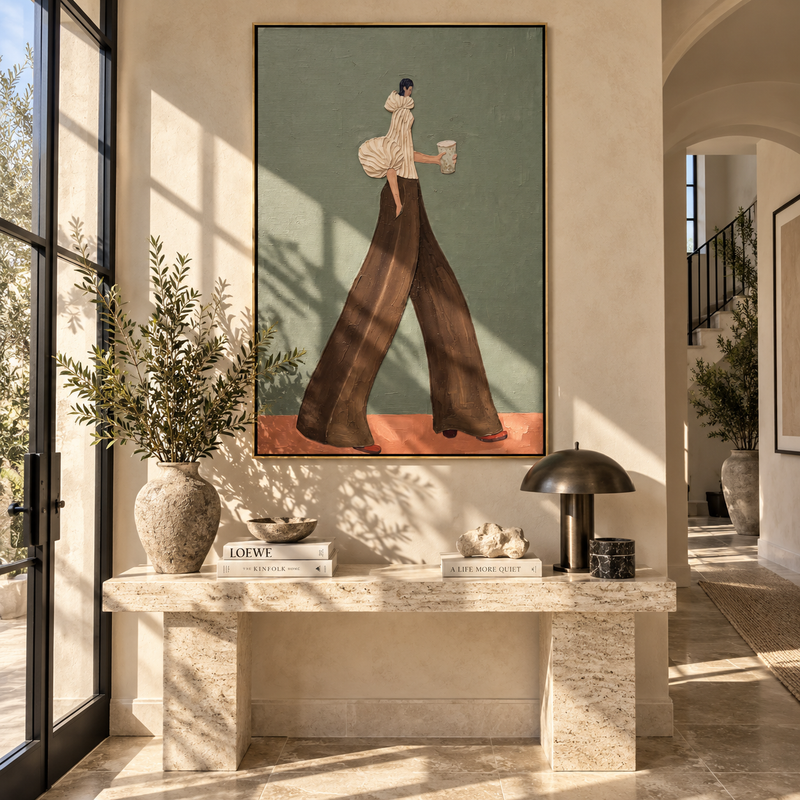 "Cream Sleeve Brown Pants Coffee" - Modern Heavy Impasto Abstract Artwork | Brown & Beige Palette Knife Painting | Luxury Vertical Wall Art #PT 2581