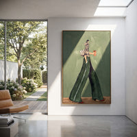 Dark Green Coffee Stride focuses on the specific fashion figure shown in the artwork: long-legged woman in black striped blouse and dark green trousers holding a coffee cup. The image is built around elongated trousers, a compact upper-body pose, sculptural sleeve volume, small accessory detail, and a quiet studio background. The green, black, white palette keeps the mood refined while the raised texture and visible brushwork make the surface feel handmade rather than printed. This made-to-order