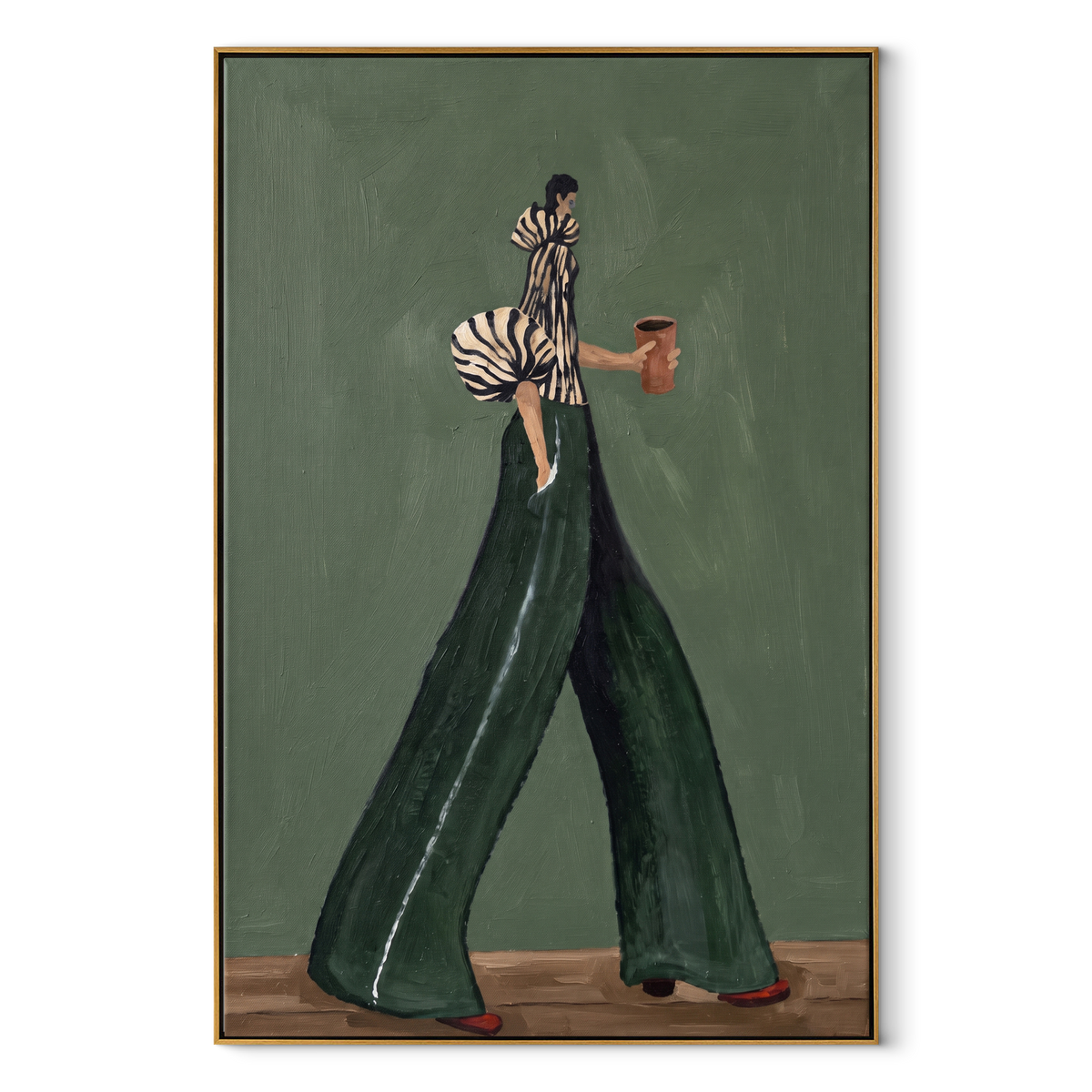 Dark Green Coffee Stride focuses on the specific fashion figure shown in the artwork: long-legged woman in black striped blouse and dark green trousers holding a coffee cup. The image is built around elongated trousers, a compact upper-body pose, sculptural sleeve volume, small accessory detail, and a quiet studio background. The green, black, white palette keeps the mood refined while the raised texture and visible brushwork make the surface feel handmade rather than printed. This made-to-order