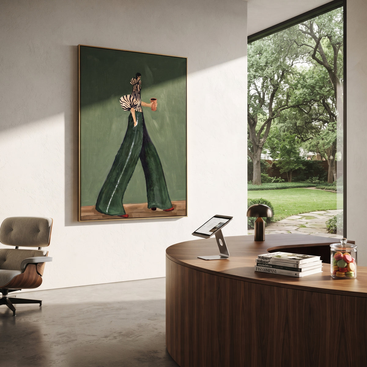 Dark Green Coffee Stride focuses on the specific fashion figure shown in the artwork: long-legged woman in black striped blouse and dark green trousers holding a coffee cup. The image is built around elongated trousers, a compact upper-body pose, sculptural sleeve volume, small accessory detail, and a quiet studio background. The green, black, white palette keeps the mood refined while the raised texture and visible brushwork make the surface feel handmade rather than printed. This made-to-order