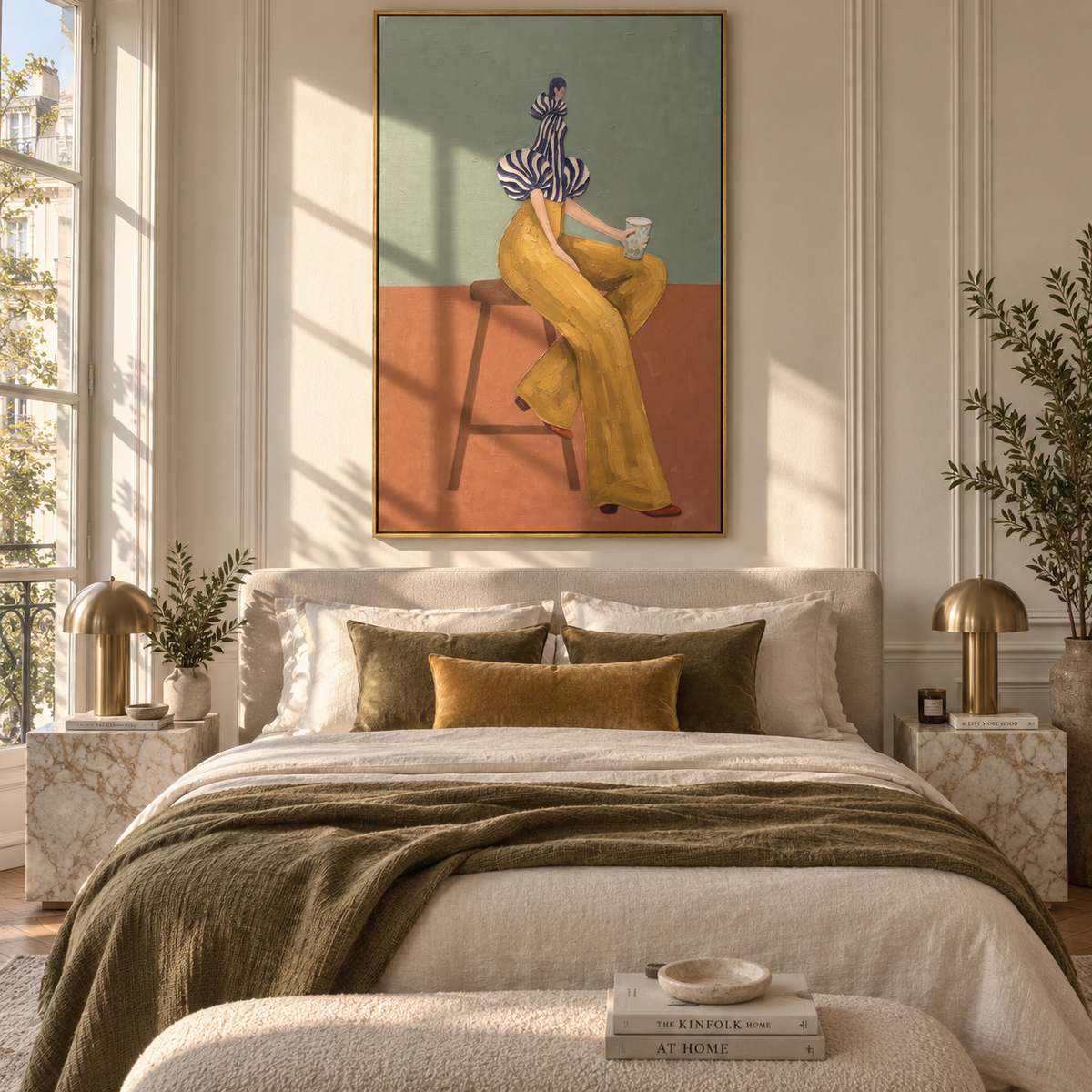 Yellow Pants Seated Coffee focuses on the specific fashion figure shown in the artwork: seated woman in yellow trousers, striped sculptural blouse, and coffee cup. The image is built around elongated trousers, a compact upper-body pose, sculptural sleeve volume, small accessory detail, and a quiet studio background. The yellow, blue, brown palette keeps the mood refined while the raised texture and visible brushwork make the surface feel handmade rather than printed. This made-to-order canvas