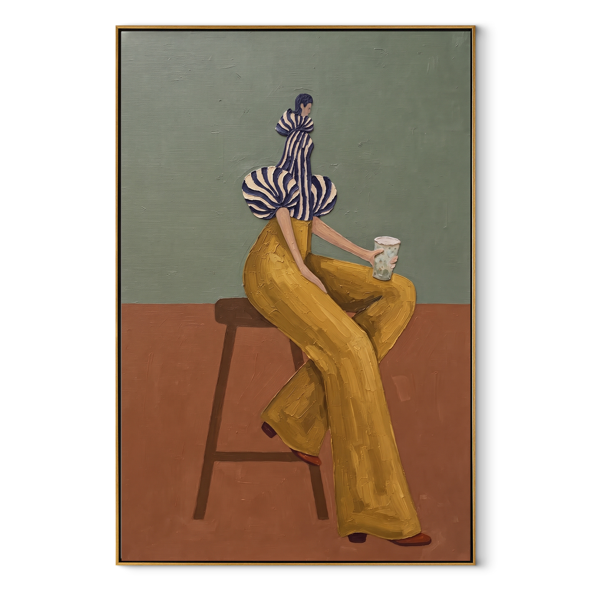 Yellow Pants Seated Coffee focuses on the specific fashion figure shown in the artwork: seated woman in yellow trousers, striped sculptural blouse, and coffee cup. The image is built around elongated trousers, a compact upper-body pose, sculptural sleeve volume, small accessory detail, and a quiet studio background. The yellow, blue, brown palette keeps the mood refined while the raised texture and visible brushwork make the surface feel handmade rather than printed. This made-to-order canvas