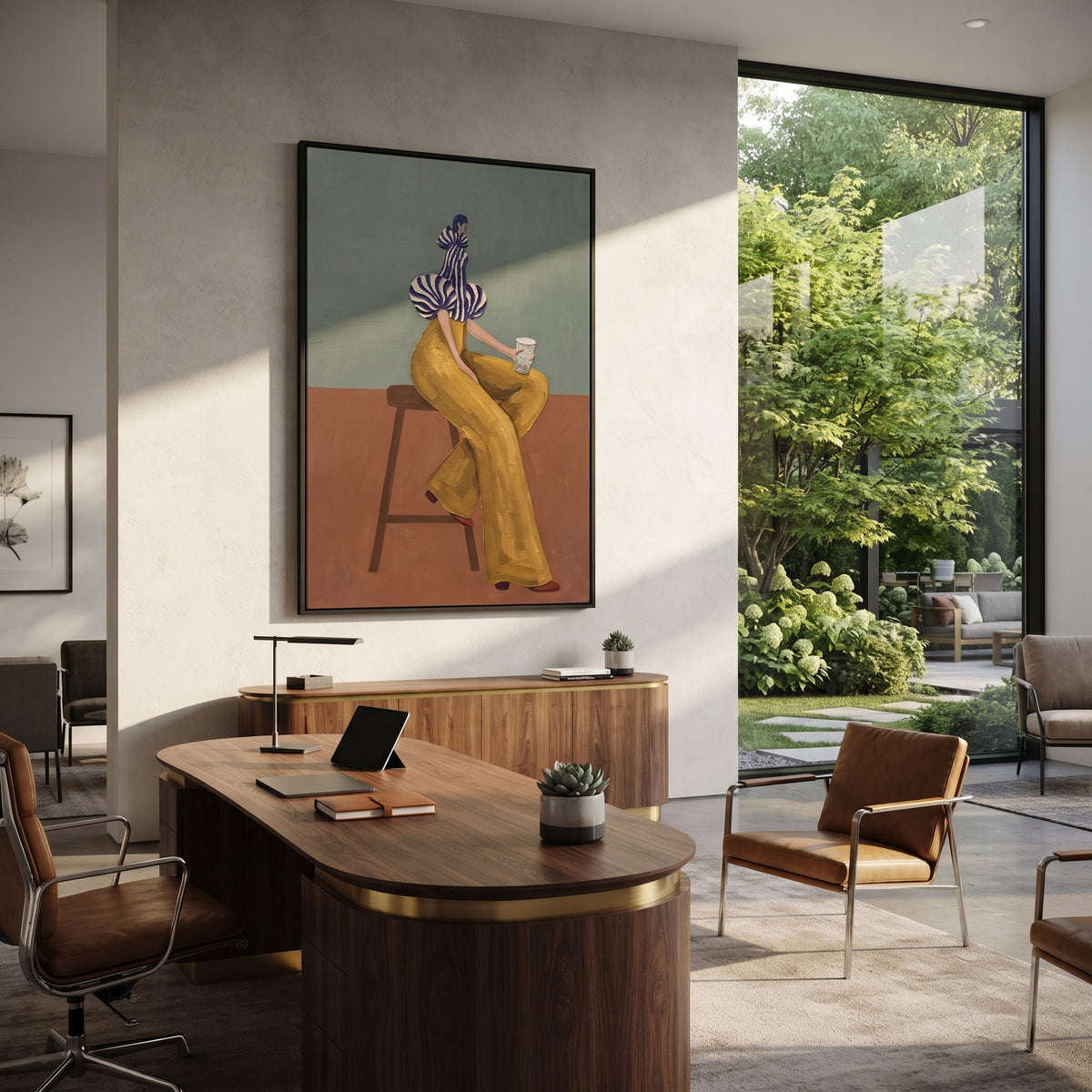Yellow Pants Seated Coffee focuses on the specific fashion figure shown in the artwork: seated woman in yellow trousers, striped sculptural blouse, and coffee cup. The image is built around elongated trousers, a compact upper-body pose, sculptural sleeve volume, small accessory detail, and a quiet studio background. The yellow, blue, brown palette keeps the mood refined while the raised texture and visible brushwork make the surface feel handmade rather than printed. This made-to-order canvas