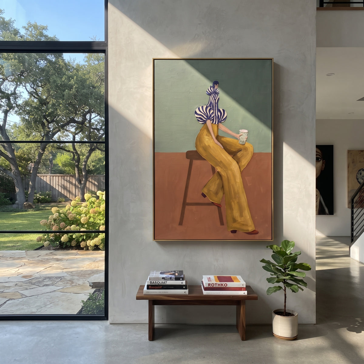 Yellow Pants Seated Coffee focuses on the specific fashion figure shown in the artwork: seated woman in yellow trousers, striped sculptural blouse, and coffee cup. The image is built around elongated trousers, a compact upper-body pose, sculptural sleeve volume, small accessory detail, and a quiet studio background. The yellow, blue, brown palette keeps the mood refined while the raised texture and visible brushwork make the surface feel handmade rather than printed. This made-to-order canvas