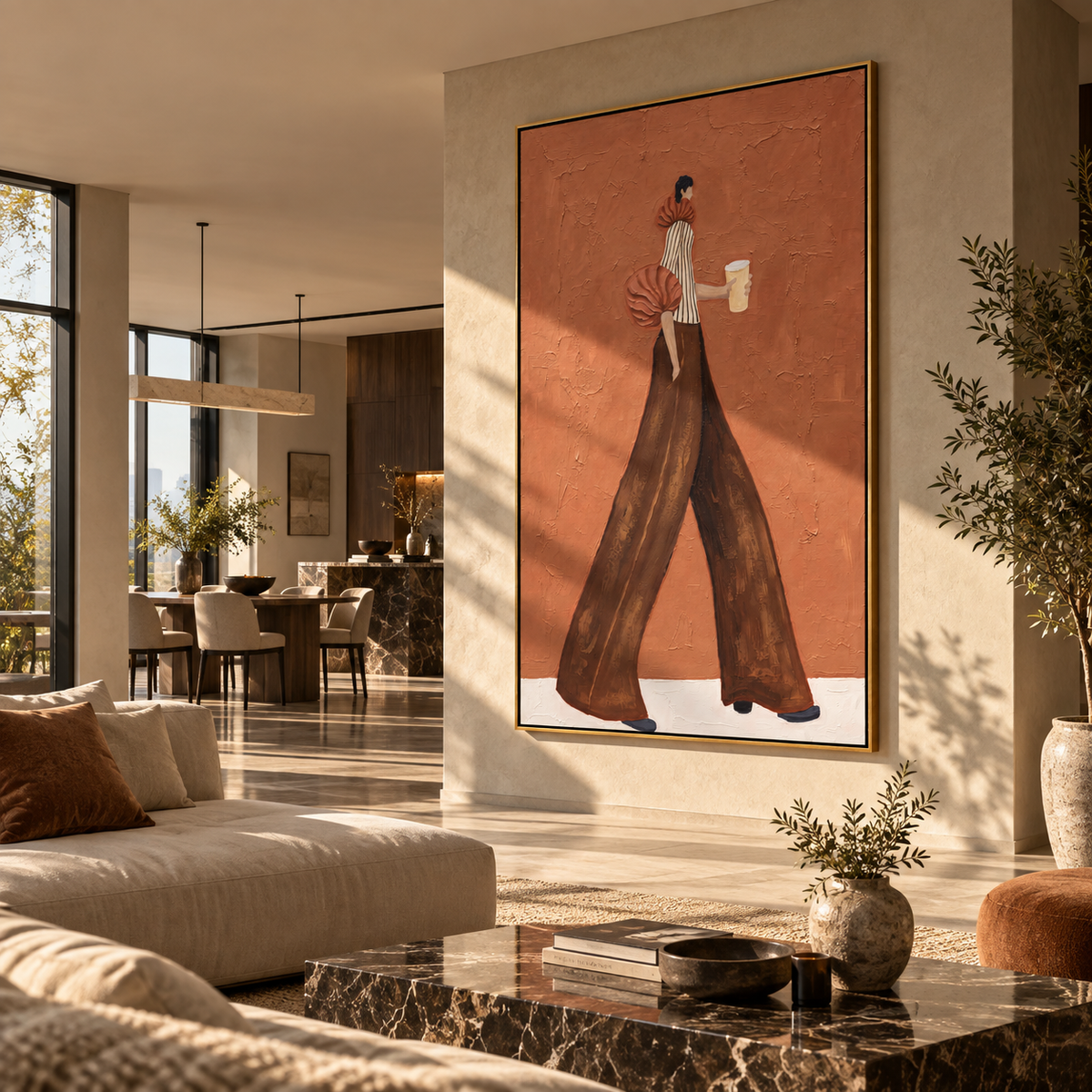 Brown Pants Terracotta Coffee Walk focuses on the specific fashion figure shown in the artwork: walking woman in striped blouse and brown wide-leg pants carrying a white cup. The image is built around elongated trousers, a compact upper-body pose, sculptural sleeve volume, small accessory detail, and a quiet studio background. The brown, beige, orange palette keeps the mood refined while the raised texture and visible brushwork make the surface feel handmade rather than printed. This