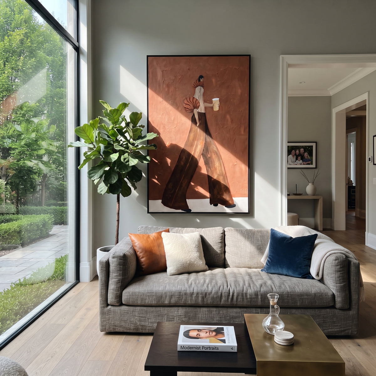 Brown Pants Terracotta Coffee Walk focuses on the specific fashion figure shown in the artwork: walking woman in striped blouse and brown wide-leg pants carrying a white cup. The image is built around elongated trousers, a compact upper-body pose, sculptural sleeve volume, small accessory detail, and a quiet studio background. The brown, beige, orange palette keeps the mood refined while the raised texture and visible brushwork make the surface feel handmade rather than printed. This