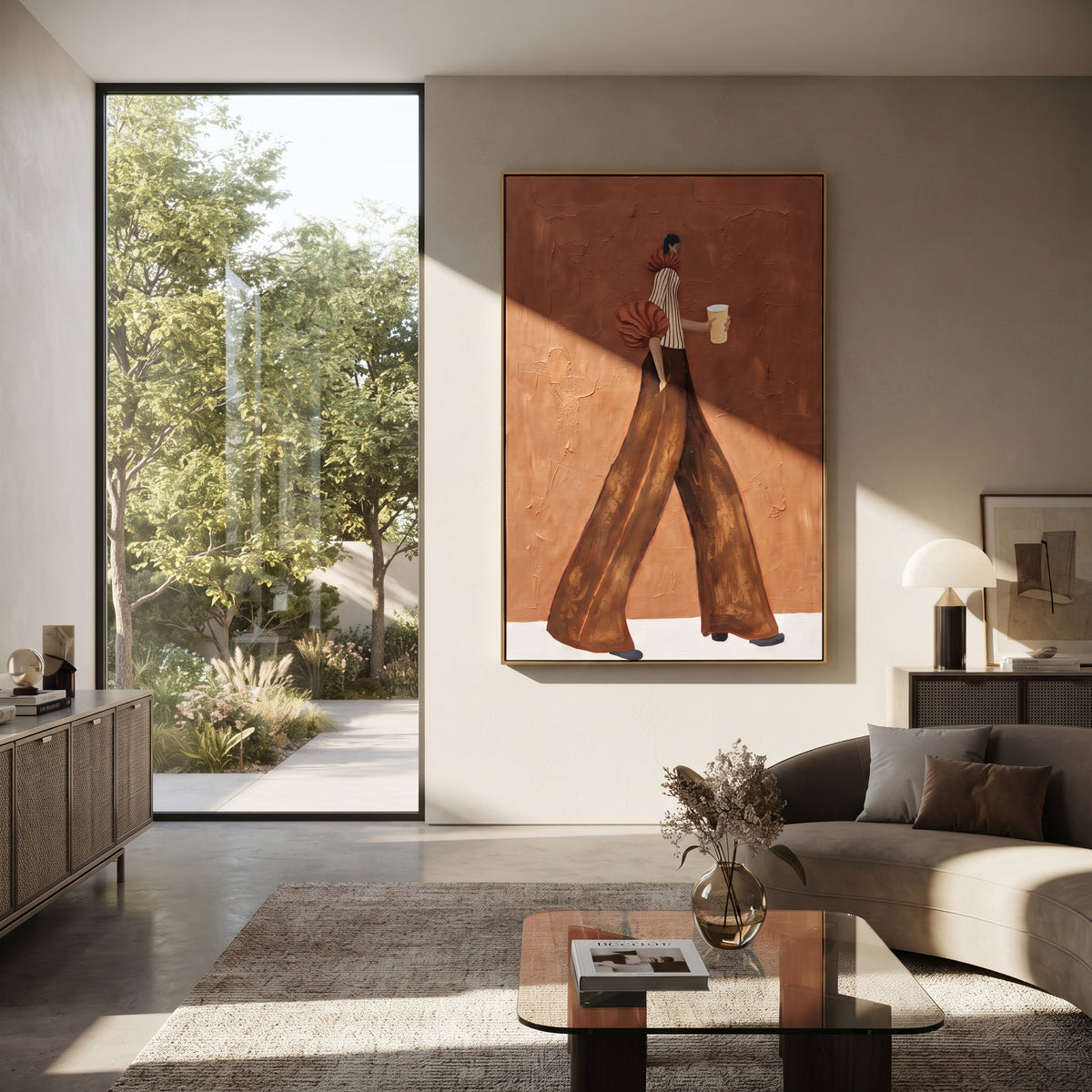 Brown Pants Terracotta Coffee Walk focuses on the specific fashion figure shown in the artwork: walking woman in striped blouse and brown wide-leg pants carrying a white cup. The image is built around elongated trousers, a compact upper-body pose, sculptural sleeve volume, small accessory detail, and a quiet studio background. The brown, beige, orange palette keeps the mood refined while the raised texture and visible brushwork make the surface feel handmade rather than printed. This
