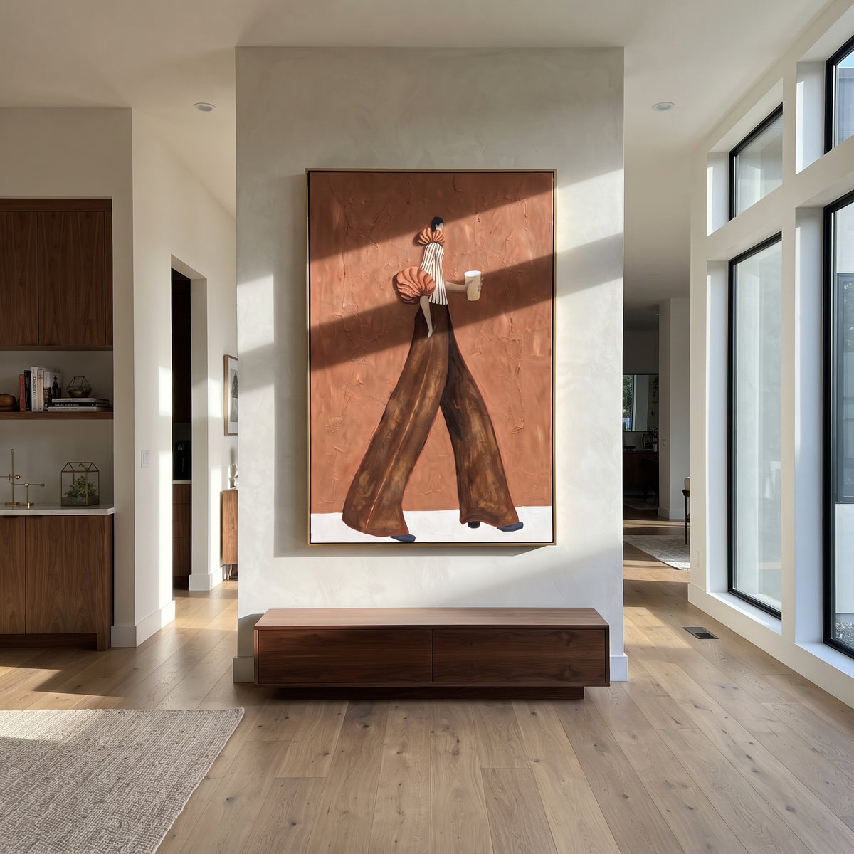Brown Pants Terracotta Coffee Walk focuses on the specific fashion figure shown in the artwork: walking woman in striped blouse and brown wide-leg pants carrying a white cup. The image is built around elongated trousers, a compact upper-body pose, sculptural sleeve volume, small accessory detail, and a quiet studio background. The brown, beige, orange palette keeps the mood refined while the raised texture and visible brushwork make the surface feel handmade rather than printed. This