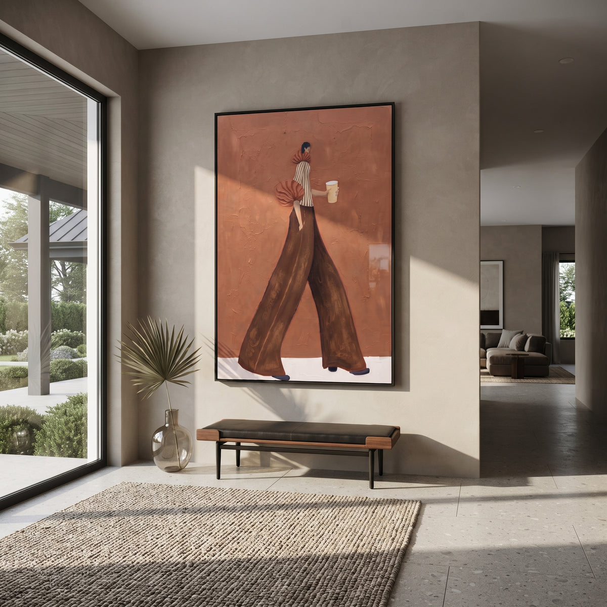 Brown Pants Terracotta Coffee Walk focuses on the specific fashion figure shown in the artwork: walking woman in striped blouse and brown wide-leg pants carrying a white cup. The image is built around elongated trousers, a compact upper-body pose, sculptural sleeve volume, small accessory detail, and a quiet studio background. The brown, beige, orange palette keeps the mood refined while the raised texture and visible brushwork make the surface feel handmade rather than printed. This
