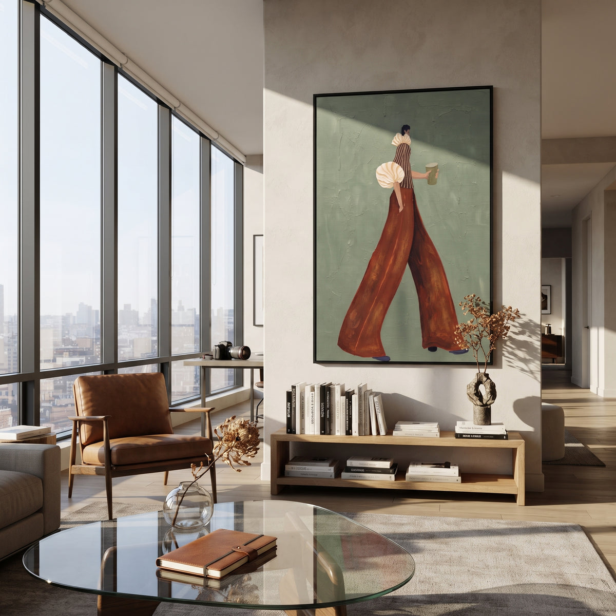 Rust Pants Green Coffee Walk focuses on the specific fashion figure shown in the artwork: walking woman in cream puff sleeve, rust trousers, and green coffee cup. The image is built around elongated trousers, a compact upper-body pose, sculptural sleeve volume, small accessory detail, and a quiet studio background. The brown, beige, green palette keeps the mood refined while the raised texture and visible brushwork make the surface feel handmade rather than printed. This made-to-order canvas