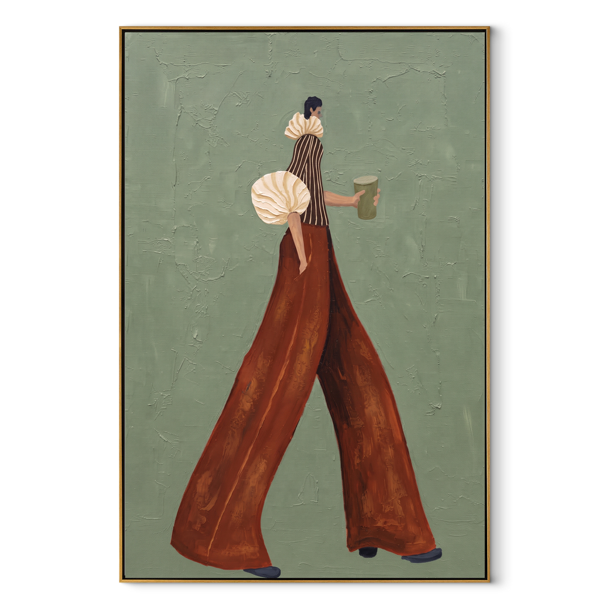 Rust Pants Green Coffee Walk focuses on the specific fashion figure shown in the artwork: walking woman in cream puff sleeve, rust trousers, and green coffee cup. The image is built around elongated trousers, a compact upper-body pose, sculptural sleeve volume, small accessory detail, and a quiet studio background. The brown, beige, green palette keeps the mood refined while the raised texture and visible brushwork make the surface feel handmade rather than printed. This made-to-order canvas