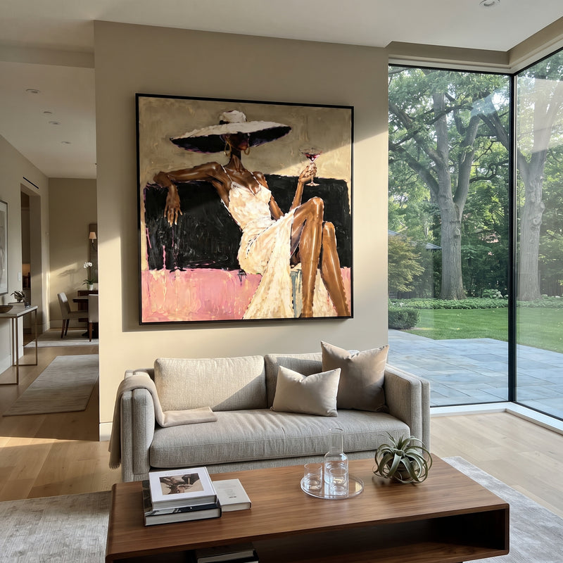"Wide Hat White Dress Cocktail" - Modern Heavy Impasto Beach Figure Artwork | Beige & Black Palette Knife Painting | Luxury Square Wall Art #PT 2662