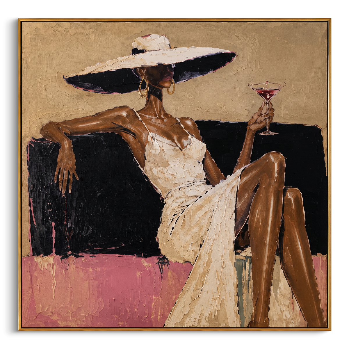 "Wide Hat White Dress Cocktail" - Modern Heavy Impasto Beach Figure Artwork | Beige & Black Palette Knife Painting | Luxury Square Wall Art #PT 2662