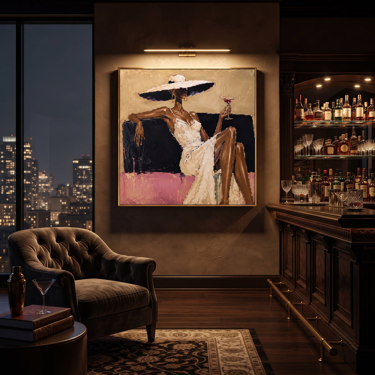 Wide Hat White Dress Cocktail focuses on seated dark-skinned woman in a white dress and very wide cream hat holding a red cocktail, with black sofa block and pink lower band. The composition is built from the exact pose, clothing shape, accessories, furniture, animal form, shoreline, palm shape, surfboard, or table arrangement visible in this artwork, so the image reads as a specific modern figurative painting rather than a generic decorative abstract. The cream; black; pink palette gives the