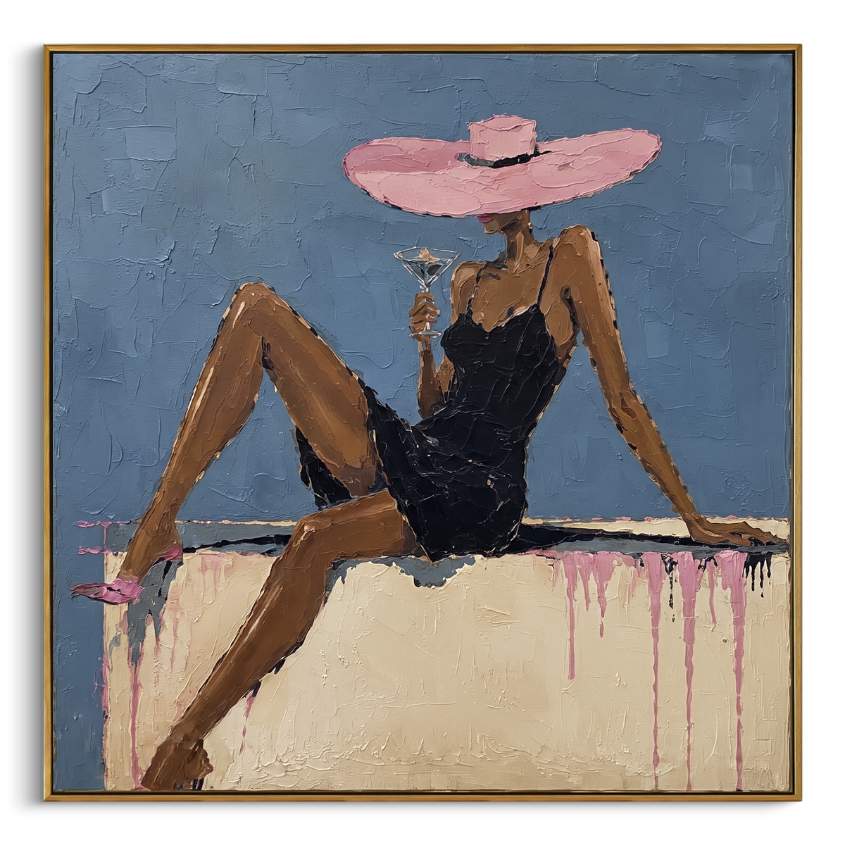 Pink Hat Blue Lounge Figure focuses on seated woman in black dress with long legs, pink wide hat, blue wall, pale sofa ledge, and pink drip marks. The composition is built from the exact pose, clothing shape, accessories, furniture, animal form, shoreline, palm shape, surfboard, or table arrangement visible in this artwork, so the image reads as a specific modern figurative painting rather than a generic decorative abstract. The blue; pink; black palette gives the piece its main atmosphere