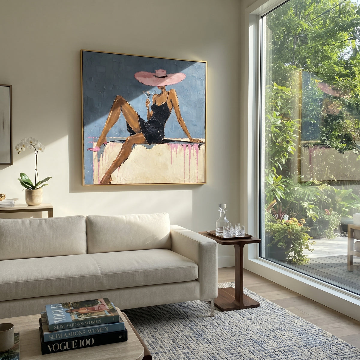 Pink Hat Blue Lounge Figure focuses on seated woman in black dress with long legs, pink wide hat, blue wall, pale sofa ledge, and pink drip marks. The composition is built from the exact pose, clothing shape, accessories, furniture, animal form, shoreline, palm shape, surfboard, or table arrangement visible in this artwork, so the image reads as a specific modern figurative painting rather than a generic decorative abstract. The blue; pink; black palette gives the piece its main atmosphere
