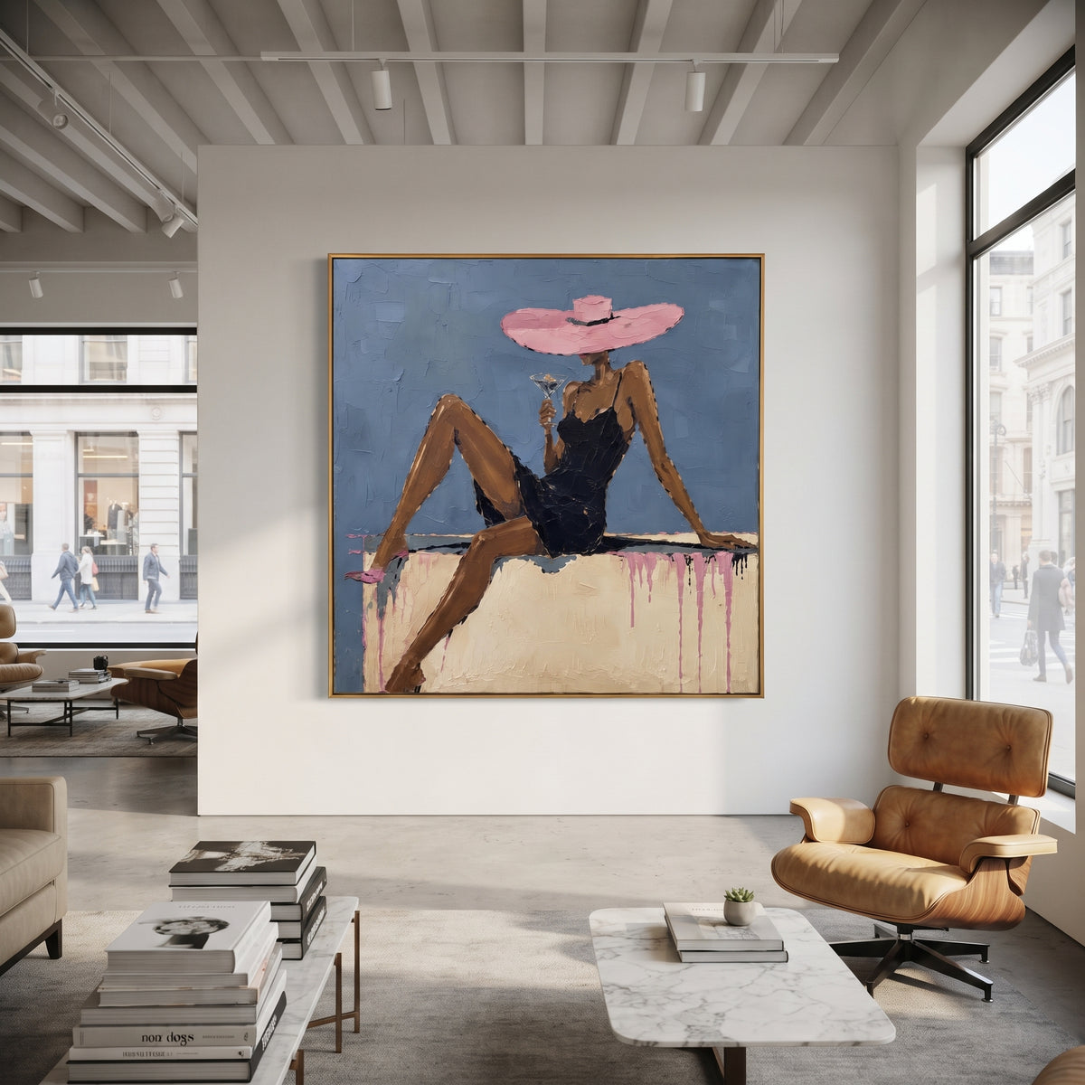 Pink Hat Blue Lounge Figure focuses on seated woman in black dress with long legs, pink wide hat, blue wall, pale sofa ledge, and pink drip marks. The composition is built from the exact pose, clothing shape, accessories, furniture, animal form, shoreline, palm shape, surfboard, or table arrangement visible in this artwork, so the image reads as a specific modern figurative painting rather than a generic decorative abstract. The blue; pink; black palette gives the piece its main atmosphere