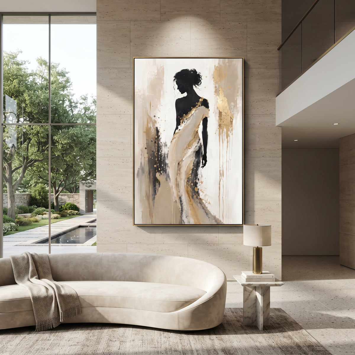 Black Silhouette White Shawl focuses on standing black female silhouette wrapped in a white shawl against beige and gold textured vertical ground. The composition is built from the exact pose, clothing shape, accessories, furniture, animal form, shoreline, palm shape, surfboard, or table arrangement visible in this artwork, so the image reads as a specific modern figurative painting rather than a generic decorative abstract. The black; white; beige palette gives the piece its main atmosphere