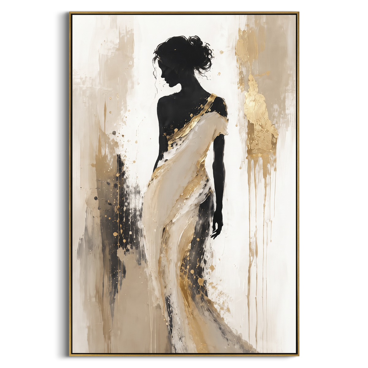 "Black Silhouette White Shawl" - Modern Heavy Impasto Beach Figure Artwork | Black & White Palette Knife Painting | Luxury Vertical Wall Art #PT 2664
