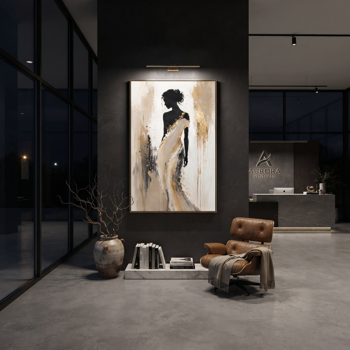 Black Silhouette White Shawl focuses on standing black female silhouette wrapped in a white shawl against beige and gold textured vertical ground. The composition is built from the exact pose, clothing shape, accessories, furniture, animal form, shoreline, palm shape, surfboard, or table arrangement visible in this artwork, so the image reads as a specific modern figurative painting rather than a generic decorative abstract. The black; white; beige palette gives the piece its main atmosphere