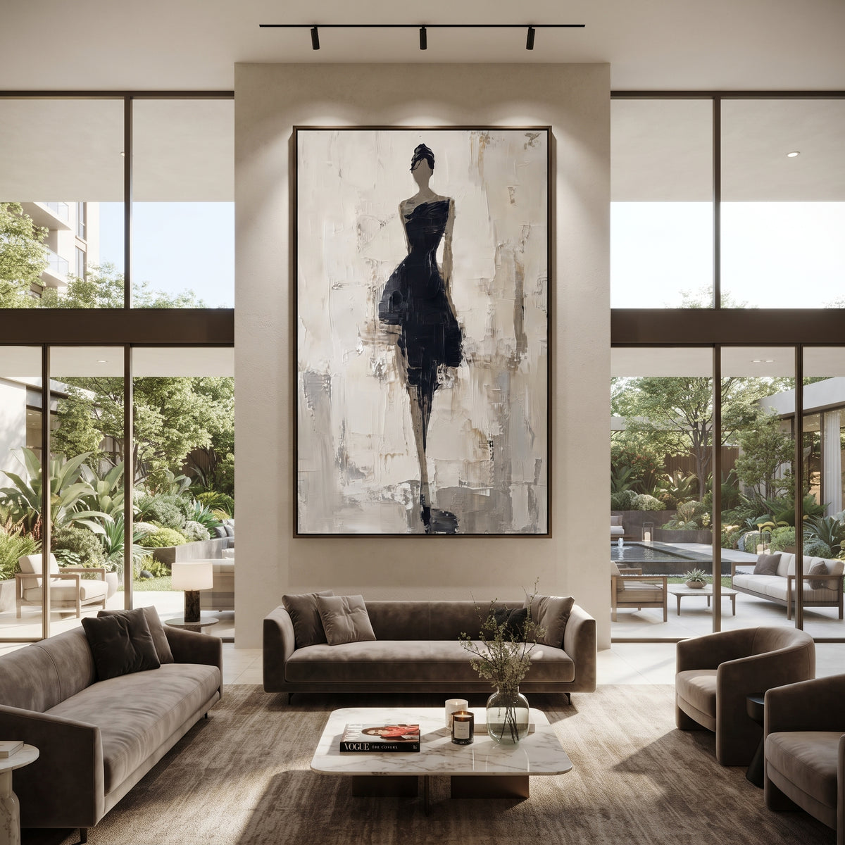 Black Dress Gallery Figure focuses on slender woman in black dress standing in a pale gallery-like field with grey plaster marks. The composition is built from the exact pose, clothing shape, accessories, furniture, animal form, shoreline, palm shape, surfboard, or table arrangement visible in this artwork, so the image reads as a specific modern figurative painting rather than a generic decorative abstract. The black; white; grey palette gives the piece its main atmosphere, while smaller dark