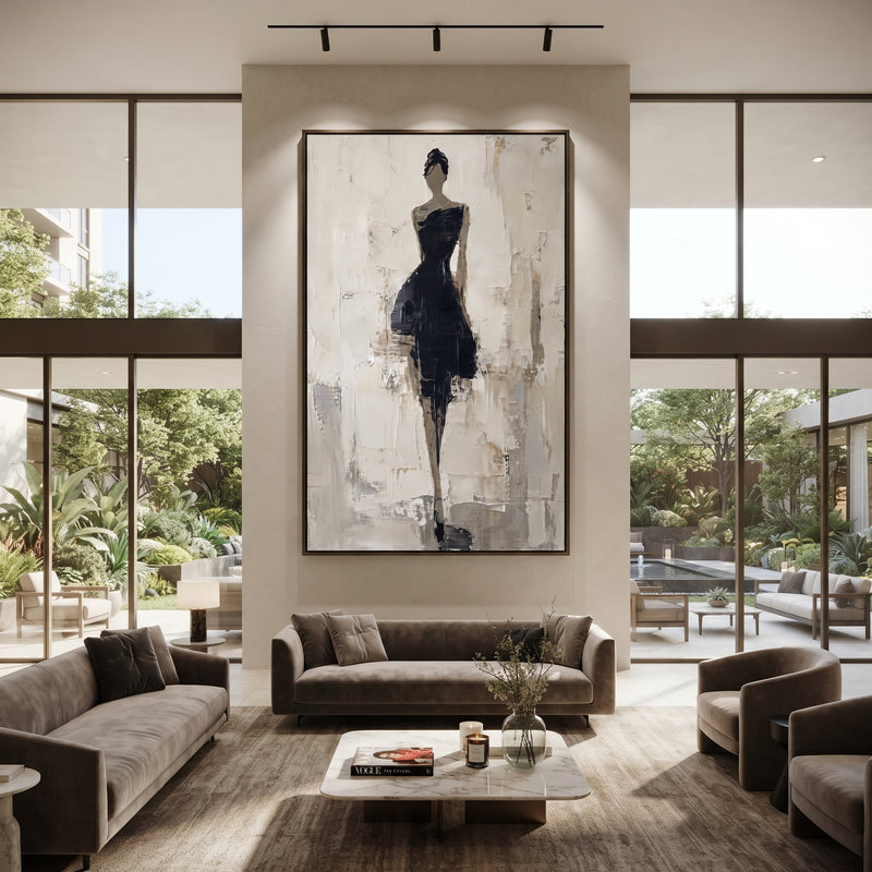 "Black Dress Gallery Figure" - Modern Heavy Impasto Beach Figure Artwork | Black & White Palette Knife Painting | Luxury Vertical Wall Art #PT 2665
