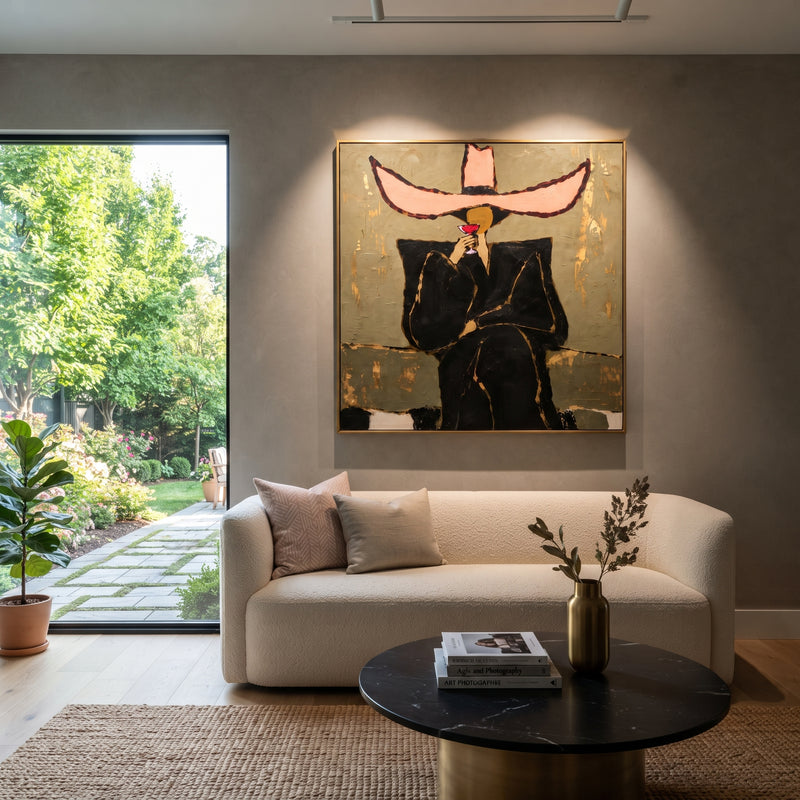 "Pink Sombrero Martini Portrait" - Modern Heavy Impasto Beach Figure Artwork | Pink & Green Palette Knife Painting | Luxury Square Wall Art #PT 2666