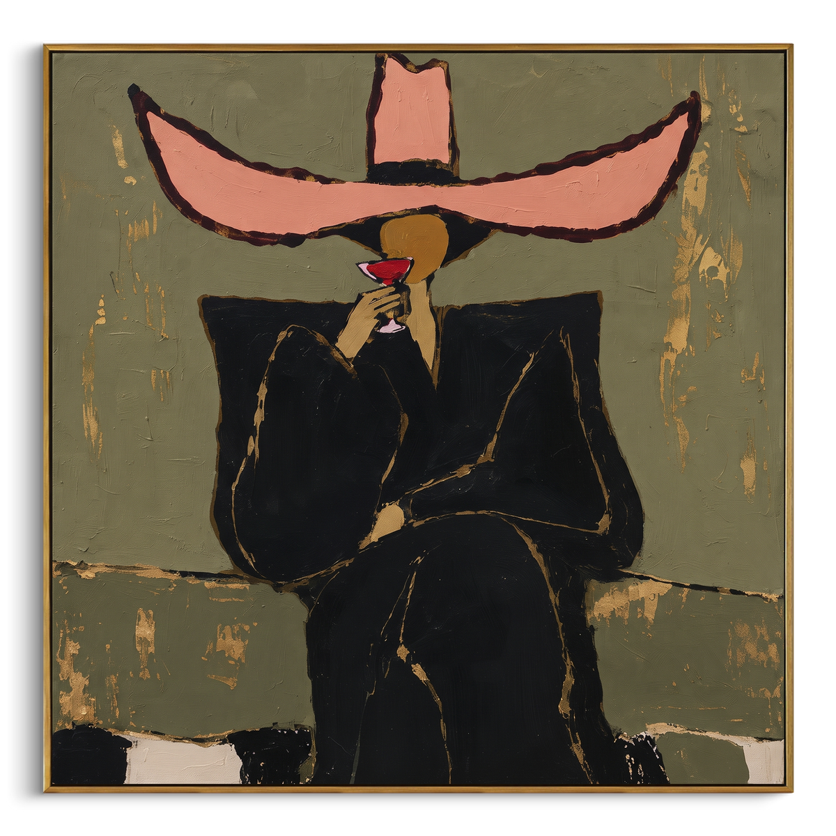 "Pink Sombrero Martini Portrait" - Modern Heavy Impasto Beach Figure Artwork | Pink & Green Palette Knife Painting | Luxury Square Wall Art #PT 2666