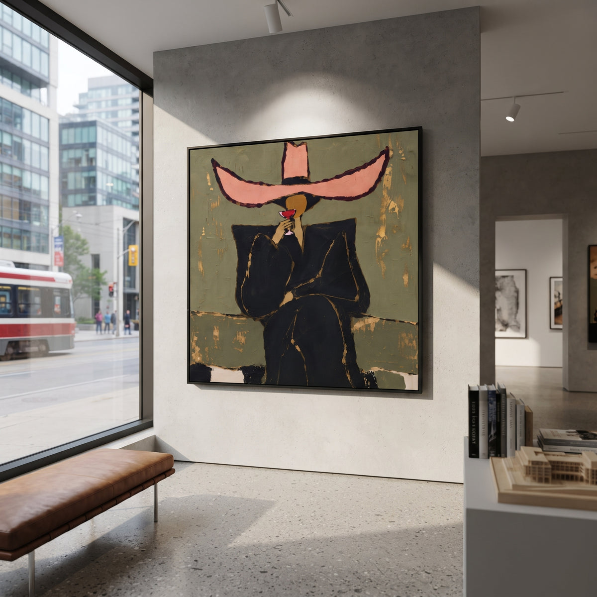 Pink Sombrero Martini Portrait focuses on front-facing black suited figure under an oversized pink hat holding a red martini on an olive ground. The composition is built from the exact pose, clothing shape, accessories, furniture, animal form, shoreline, palm shape, surfboard, or table arrangement visible in this artwork, so the image reads as a specific modern figurative painting rather than a generic decorative abstract. The pink; olive; black palette gives the piece its main atmosphere, while