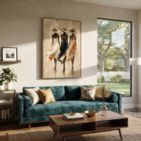 Three Hat Dress Figures focuses on three slim dress figures in cream, black, and ochre hats walking through a pale textured field. The composition is built from the exact pose, clothing shape, accessories, furniture, animal form, shoreline, palm shape, surfboard, or table arrangement visible in this artwork, so the image reads as a specific modern figurative painting rather than a generic decorative abstract. The cream; black; ochre palette gives the piece its main atmosphere, while smaller dark