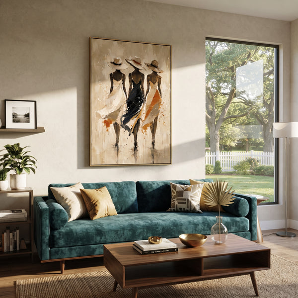 "Three Hat Dress Figures" - Modern Heavy Impasto Beach Figure Artwork | Beige & Black Palette Knife Painting | Luxury Vertical Wall Art #PT 2667
