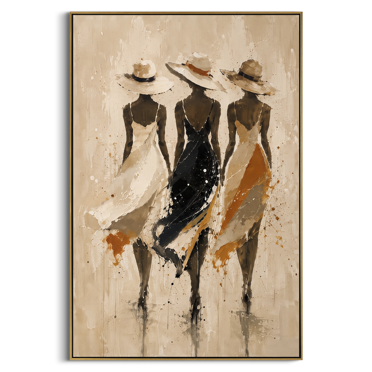 "Three Hat Dress Figures" - Modern Heavy Impasto Beach Figure Artwork | Beige & Black Palette Knife Painting | Luxury Vertical Wall Art #PT 2667