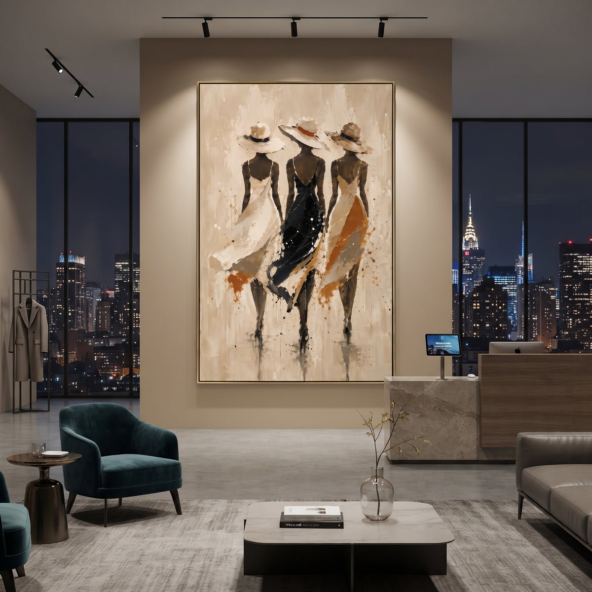 Three Hat Dress Figures focuses on three slim dress figures in cream, black, and ochre hats walking through a pale textured field. The composition is built from the exact pose, clothing shape, accessories, furniture, animal form, shoreline, palm shape, surfboard, or table arrangement visible in this artwork, so the image reads as a specific modern figurative painting rather than a generic decorative abstract. The cream; black; ochre palette gives the piece its main atmosphere, while smaller dark