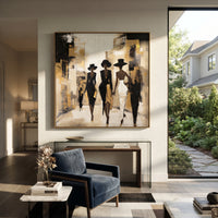 City Runway Hat Trio focuses on three black-hatted fashion figures walking through an abstract city corridor with beige grey blocks. The composition is built from the exact pose, clothing shape, accessories, furniture, animal form, shoreline, palm shape, surfboard, or table arrangement visible in this artwork, so the image reads as a specific modern figurative painting rather than a generic decorative abstract. The beige; black; grey palette gives the piece its main atmosphere, while smaller