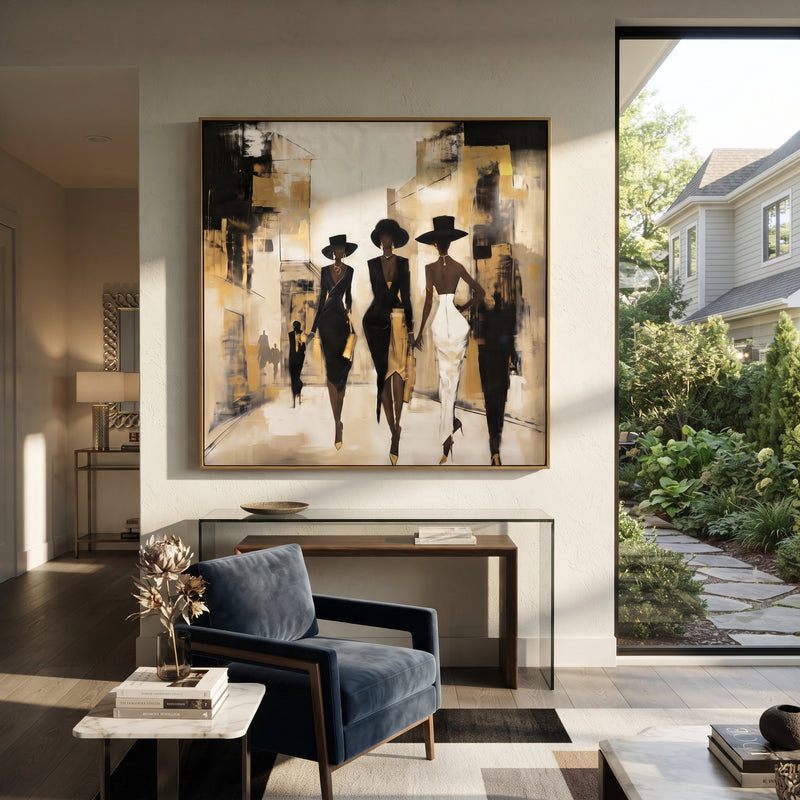 "City Runway Hat Trio" - Modern Heavy Impasto Beach Figure Artwork | Beige & Black Palette Knife Painting | Luxury Square Wall Art #PT 2668