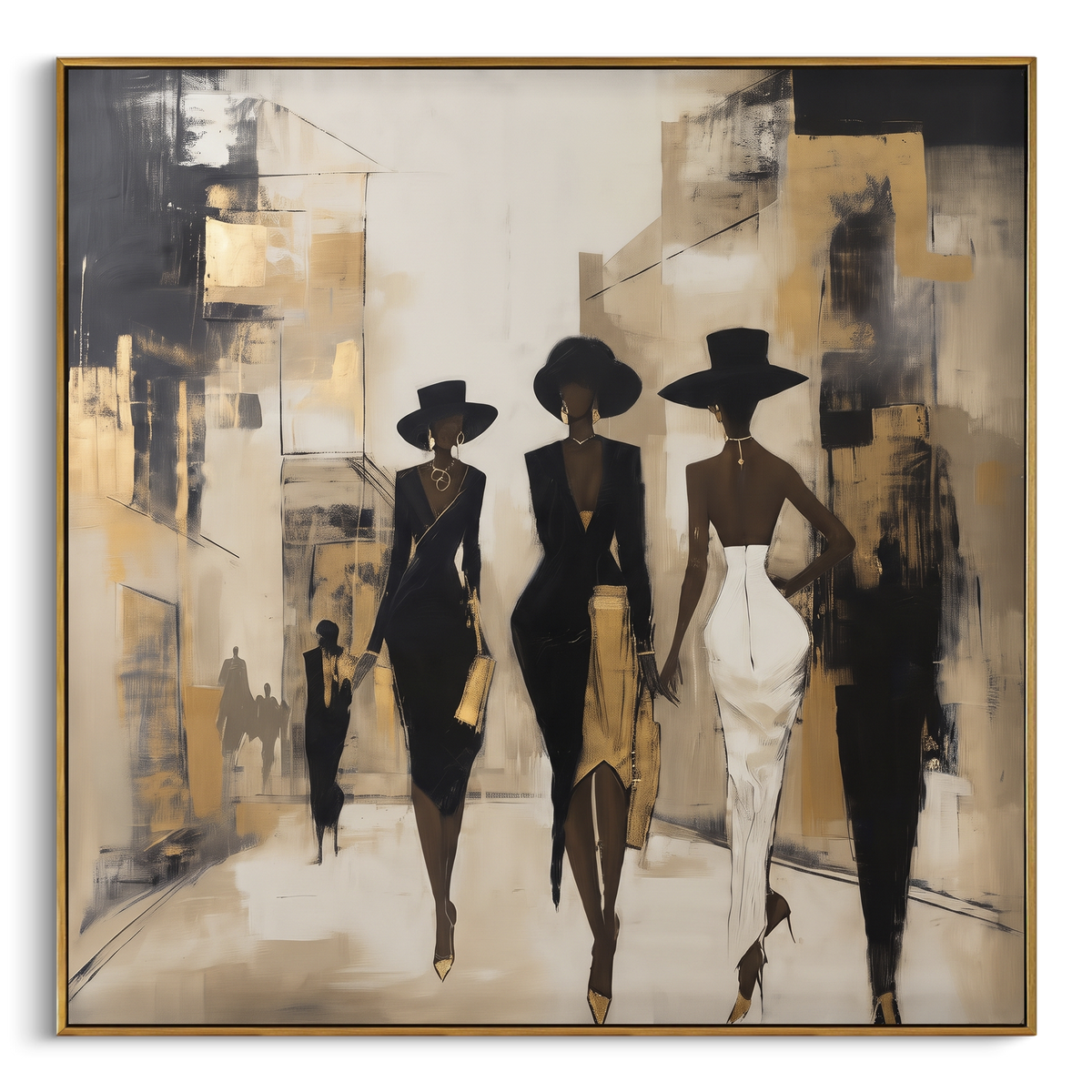 "City Runway Hat Trio" - Modern Heavy Impasto Beach Figure Artwork | Beige & Black Palette Knife Painting | Luxury Square Wall Art #PT 2668
