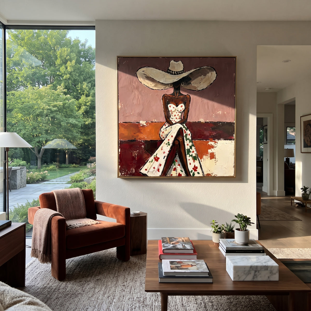 Floral Dress Wide Hat Back focuses on back view woman in white floral dress and large cream hat against mauve and burgundy blocks. The composition is built from the exact pose, clothing shape, accessories, furniture, animal form, shoreline, palm shape, surfboard, or table arrangement visible in this artwork, so the image reads as a specific modern figurative painting rather than a generic decorative abstract. The cream; mauve; burgundy palette gives the piece its main atmosphere, while smaller