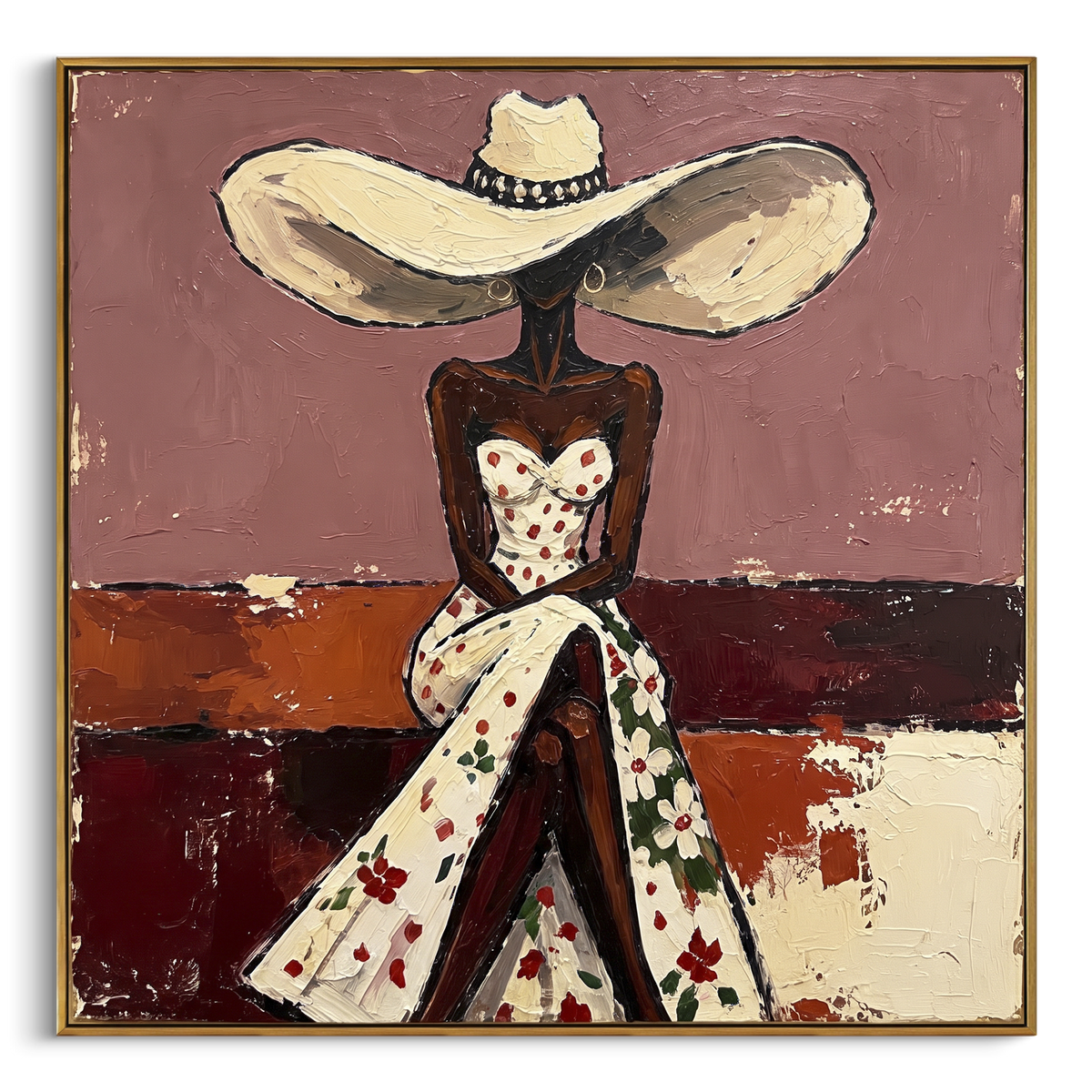 Floral Dress Wide Hat Back focuses on back view woman in white floral dress and large cream hat against mauve and burgundy blocks. The composition is built from the exact pose, clothing shape, accessories, furniture, animal form, shoreline, palm shape, surfboard, or table arrangement visible in this artwork, so the image reads as a specific modern figurative painting rather than a generic decorative abstract. The cream; mauve; burgundy palette gives the piece its main atmosphere, while smaller