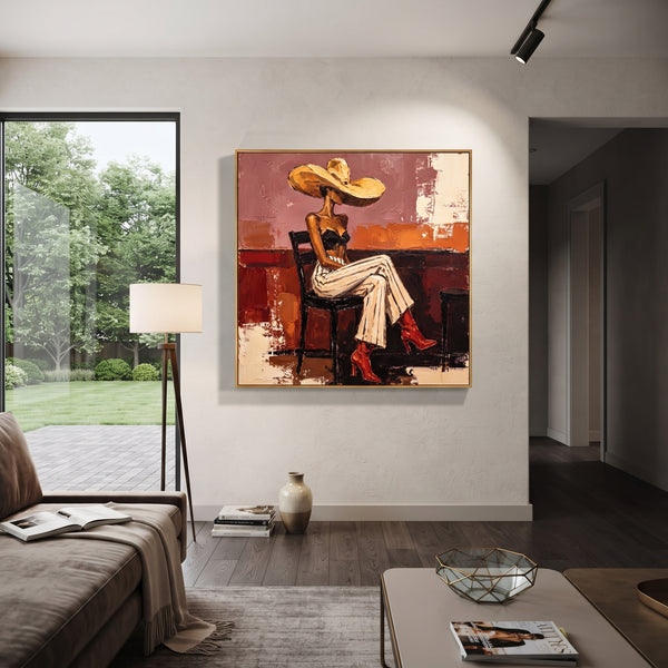 "Orange Room Red Boots Figure" - Modern Heavy Impasto Beach Figure Artwork | Orange & Beige Palette Knife Painting | Luxury Square Wall Art #PT 2670