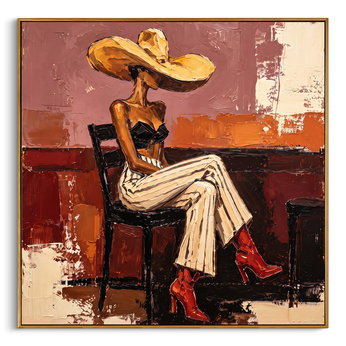 "Orange Room Red Boots Figure" - Modern Heavy Impasto Beach Figure Artwork | Orange & Beige Palette Knife Painting | Luxury Square Wall Art #PT 2670