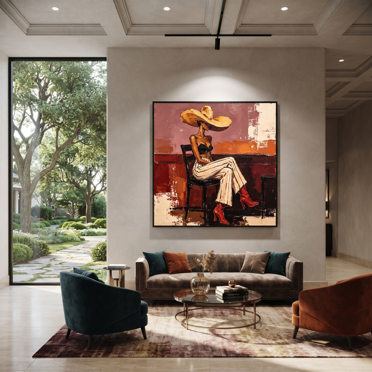 Orange Room Red Boots Figure focuses on seated fashion woman in striped cream pants, black top, golden hat, red boots, and orange room blocks. The composition is built from the exact pose, clothing shape, accessories, furniture, animal form, shoreline, palm shape, surfboard, or table arrangement visible in this artwork, so the image reads as a specific modern figurative painting rather than a generic decorative abstract. The orange; cream; red palette gives the piece its main atmosphere, while