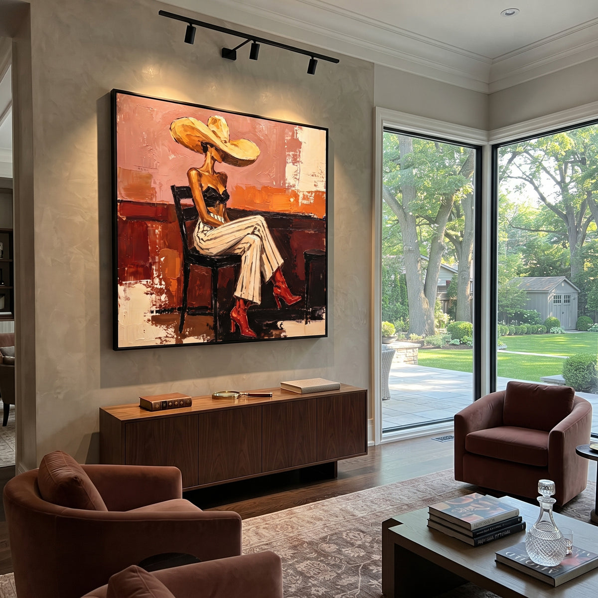 Orange Room Red Boots Figure focuses on seated fashion woman in striped cream pants, black top, golden hat, red boots, and orange room blocks. The composition is built from the exact pose, clothing shape, accessories, furniture, animal form, shoreline, palm shape, surfboard, or table arrangement visible in this artwork, so the image reads as a specific modern figurative painting rather than a generic decorative abstract. The orange; cream; red palette gives the piece its main atmosphere, while