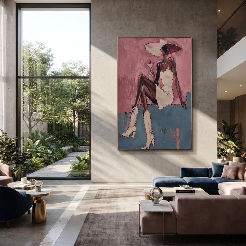 "Pink Wall Seated White Dress" - Modern Heavy Impasto Beach Figure Artwork | Pink & White Palette Knife Painting | Luxury Vertical Wall Art #PT 2671