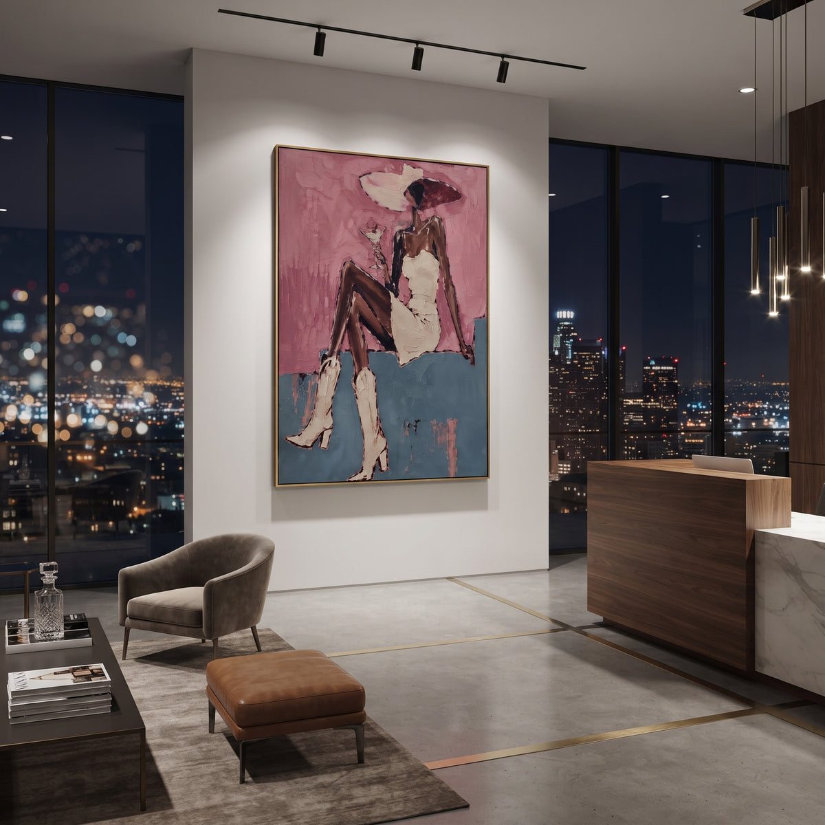Pink Wall Seated White Dress focuses on seated woman in white dress and pink hat against rose wall and blue ledge. The composition is built from the exact pose, clothing shape, accessories, furniture, animal form, shoreline, palm shape, surfboard, or table arrangement visible in this artwork, so the image reads as a specific modern figurative painting rather than a generic decorative abstract. The pink; white; blue palette gives the piece its main atmosphere, while smaller dark and light accents