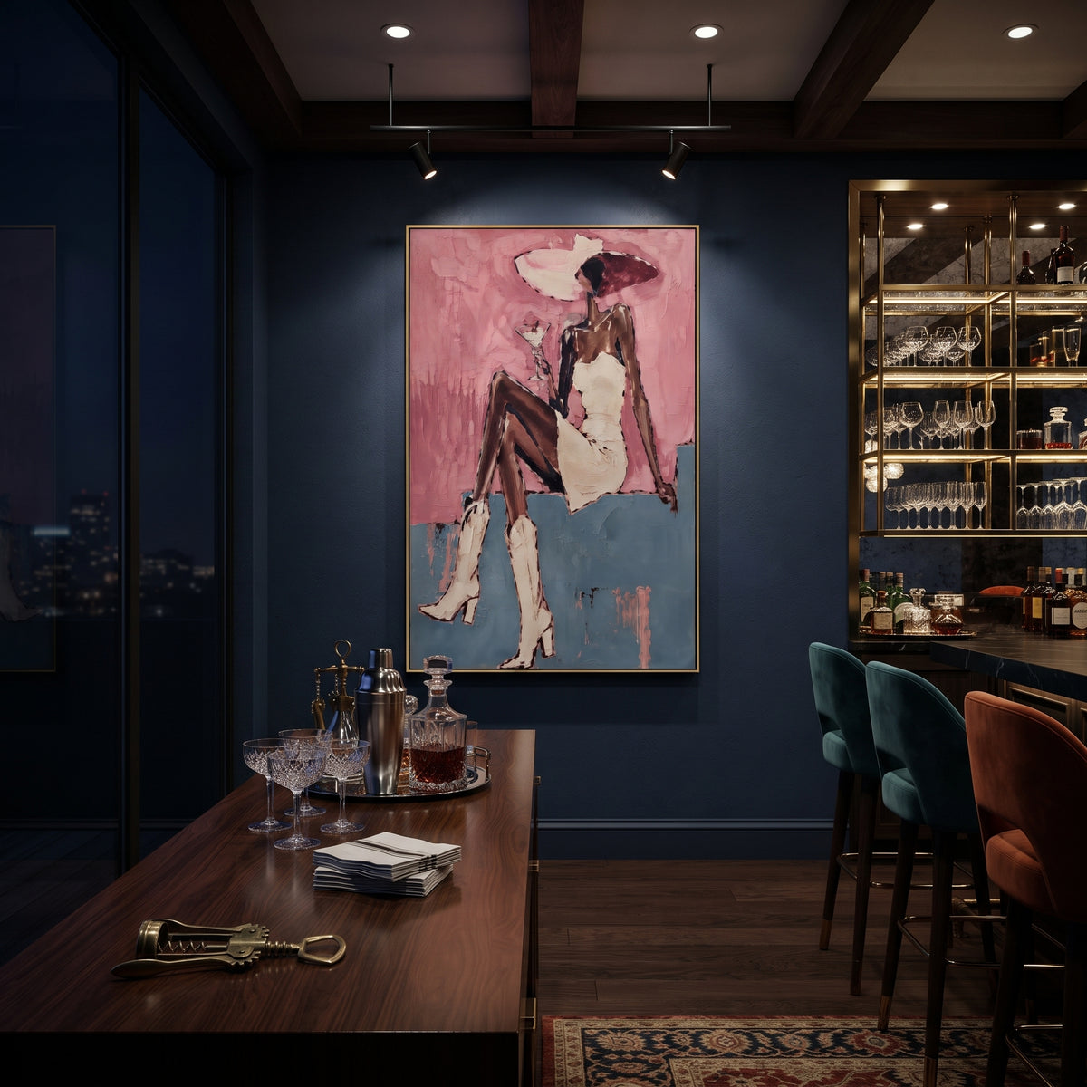 Pink Wall Seated White Dress focuses on seated woman in white dress and pink hat against rose wall and blue ledge. The composition is built from the exact pose, clothing shape, accessories, furniture, animal form, shoreline, palm shape, surfboard, or table arrangement visible in this artwork, so the image reads as a specific modern figurative painting rather than a generic decorative abstract. The pink; white; blue palette gives the piece its main atmosphere, while smaller dark and light accents